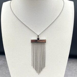 VTG Touchstone Crystal by Fringe Silver Tone Bar Chain‎ Tassel Pendant Necklace